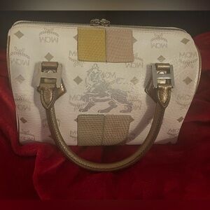 MCM Lioness White Leather Boston Bag